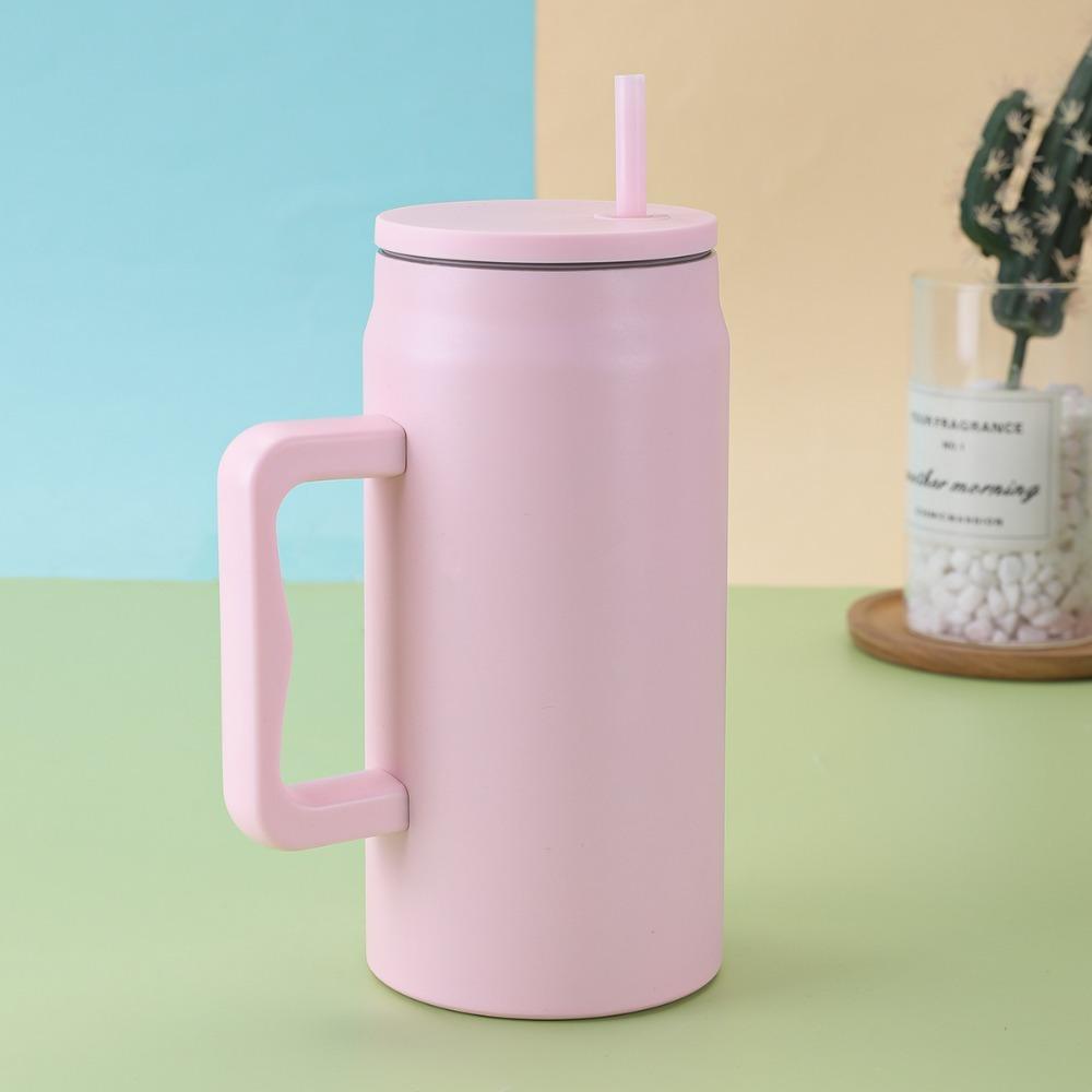 With Handle and Straw Lid Water Bottle Simple Sippy Cup Modern Thermal Cup  Unisex