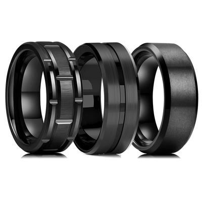 Trendy Men's 8mm Black Titanium Wedding Band Rings Double Black Groove Beveled Edge Stainless Steel Engagement Ring For Men