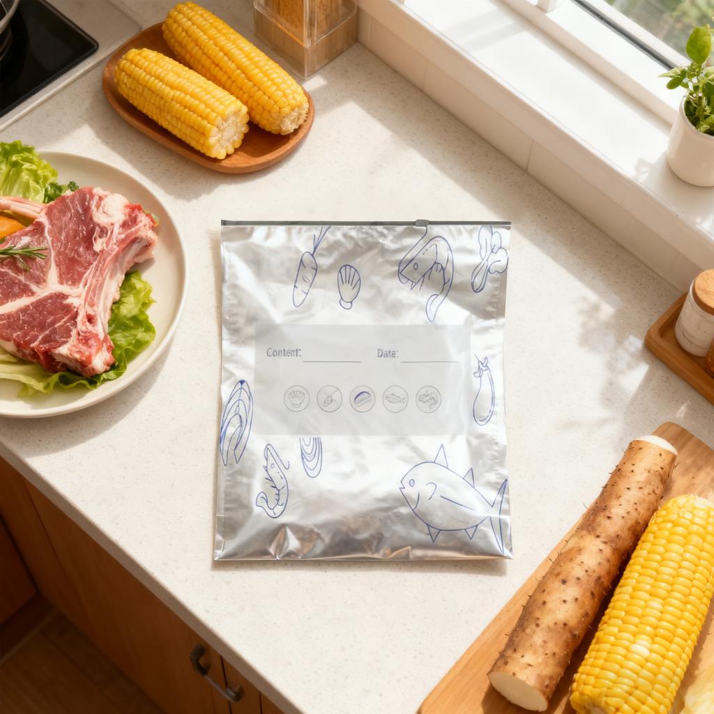 Wiederverwendbare Gefrierbeutel mit Aluminiumfolienauskleidung und wiederverschließbaren Zipplaschen zur Aufbewahrung von Lebensmitteln, Gemüse, Fleisch und Snacks.