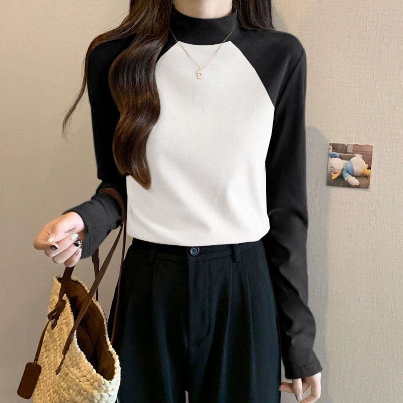 Autumn Winter New T-Shirts Women Tees Mock Nerk Contrast Color Patchwork Fashion Casual Youth Long Sleeve Warm Bottoming Tops