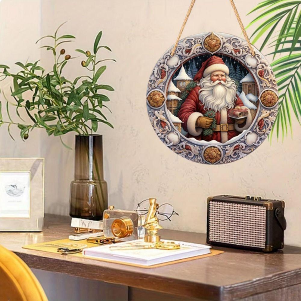 Wooden Santa Claus Porch Wreath Snow Scene Xmas Porch Decoration Hanging Home Fence Decor