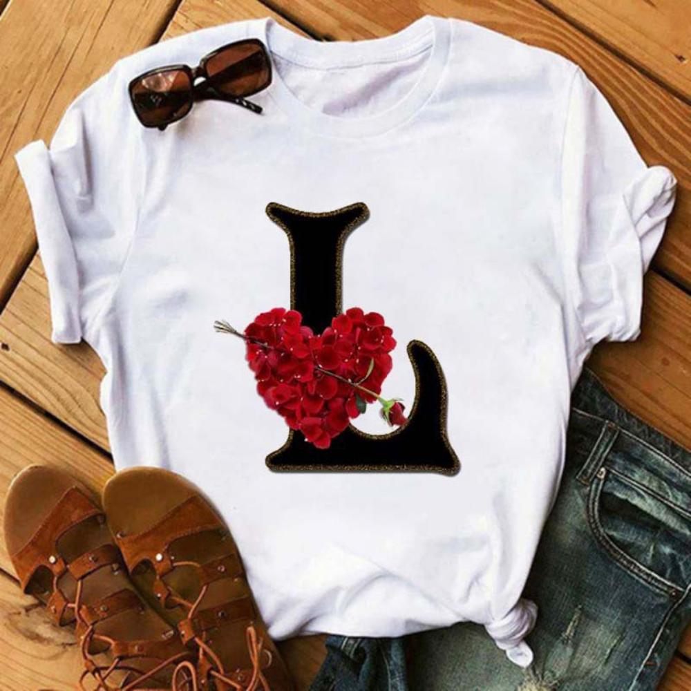 Rose ABC Alphabet Graphic Print White Tee Women Casual Loose Oversize Shirt Top Daily Wear Durable Plus Size Short Sleeve