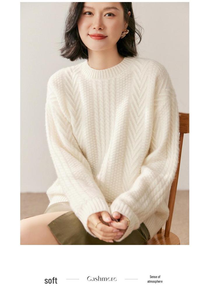 2026 Women's Autumn/Winter Round Neck Cashmere Sweater – Cable Knit, Loose Fit, Simple Casual Style