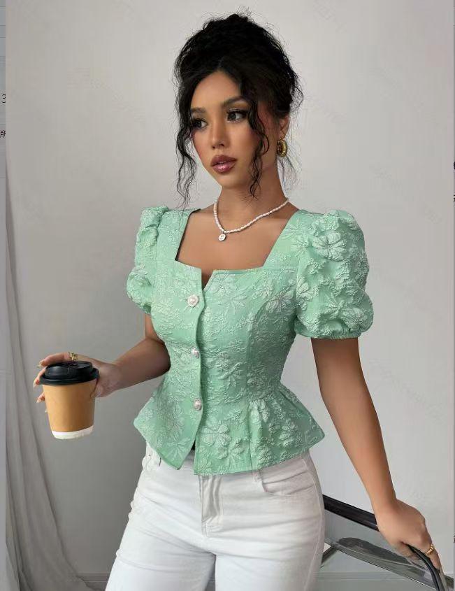 European and American Summer Women's Elegant Square Neck Puff Sleeve Top