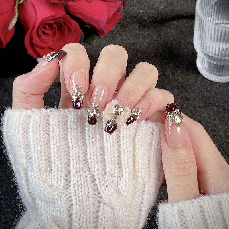 10pcs/set Purely Handmade Wear Nails French Light Therapy Manicure Wine Red Ribbon Hand-painted Butterfly False Nails