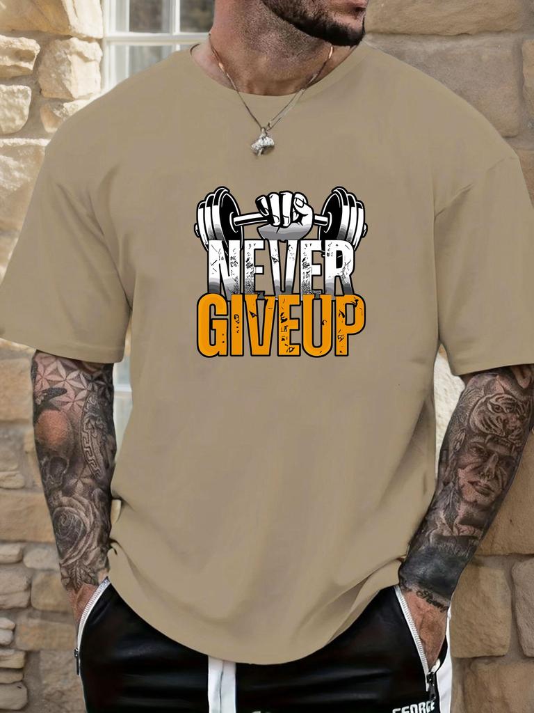 Gym Tshirt 2025 Summer Essential Mens Comfy Everyday Trendy Never Give Up Barbell Print 100 Cotton Short Sleeve Casual Top