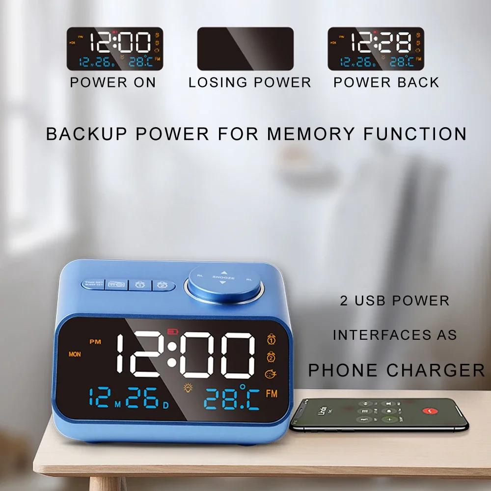 Mordern FM Radio LED Alarm Clock for Bedside Wake Up Digital Table Calendar with Temperature Thermometer Humidity Hygrometer