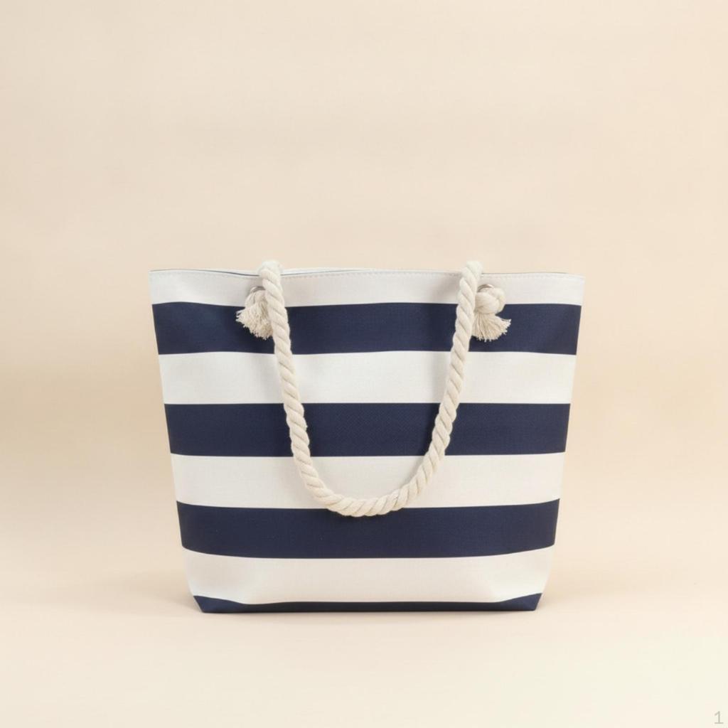 Striped Canvas Seaside Tote Inner Zipper Pocket Bag Lightweight Nautical Design