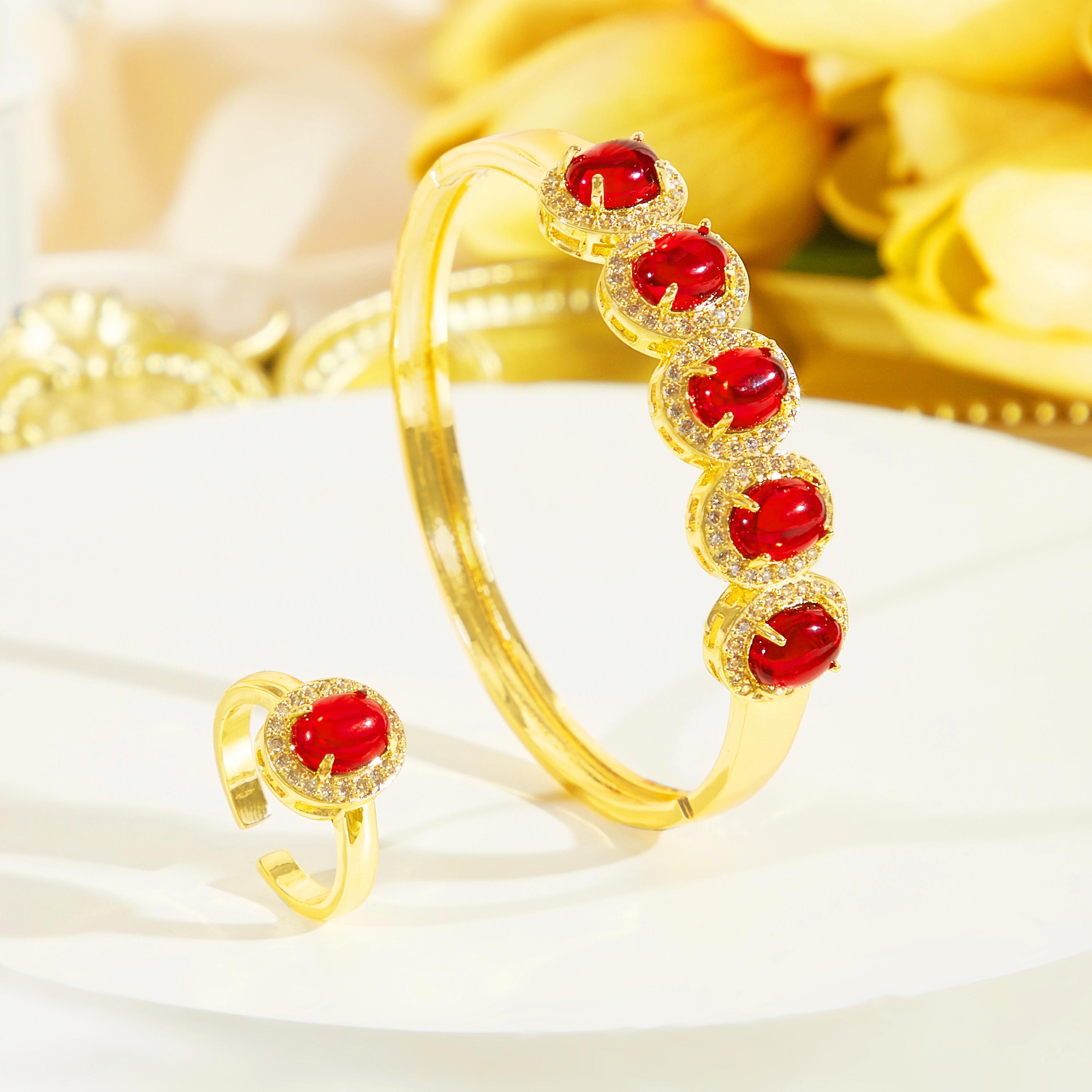 

CMM Элегантный золотой браслет-бенгл и кольцо Набор Роскошный зеленый набор браслета и кольца Вечерние украшения для женщин рубиновый