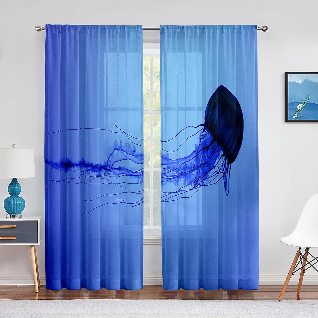 Jellyfish In The Deep Ocean Window Tulle Curtains Foamy Dreamy Blue Ocean Sheer Voile Curtain for Living Room Bedroom Decoration