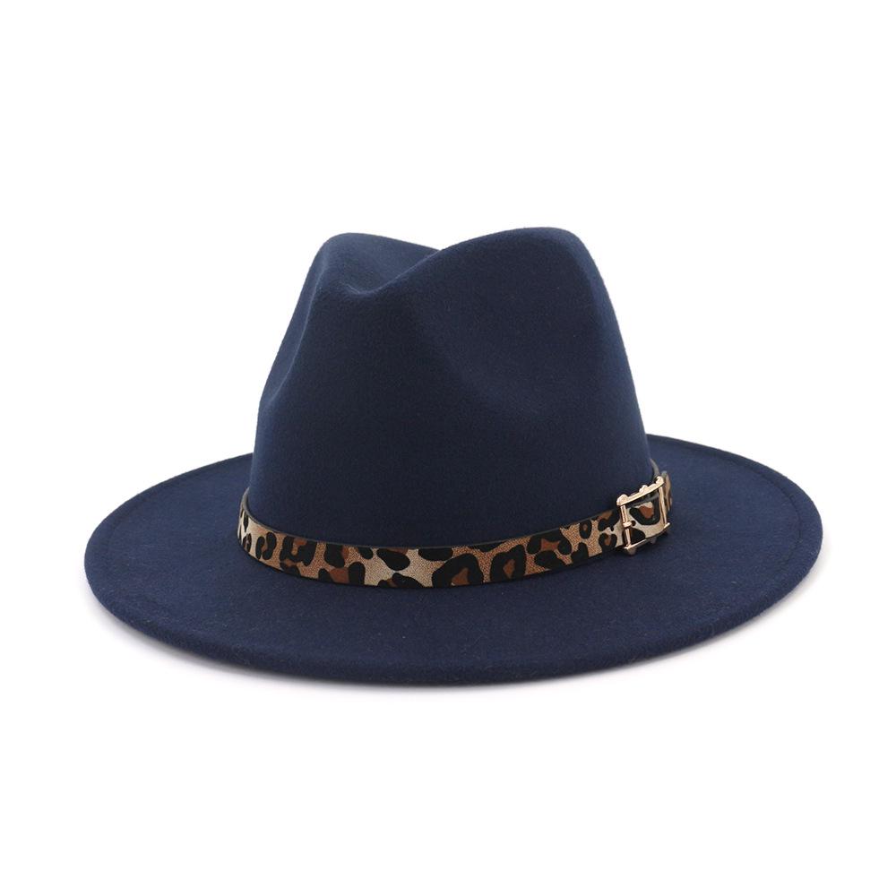 19 Color Women'S Wide Brim Felt Fedora Panama Hat With Leopard Belt Buckle Party Trilby Cowboy Hat Fashion Jazz Cap