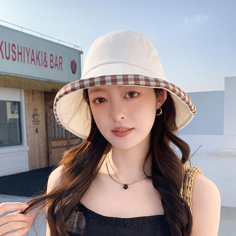 Spring and Summer Sun Hat for Children, Korean Version Checkered Bow Fisherman Hat, Outdoor Sun Hat