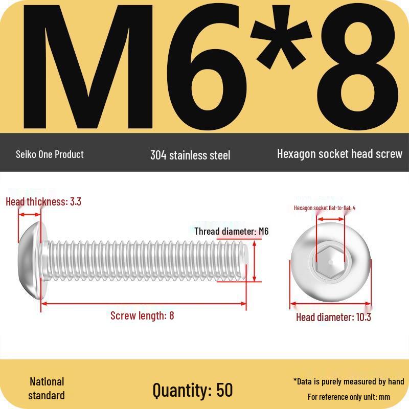 304 Stainless Steel Pan, Half, and Round Head Hexagon Screws (M2-M12)