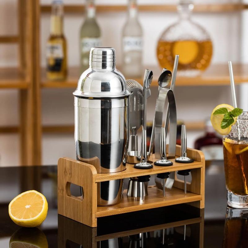 13-Piece Stainless Steel Cocktail Shaker Set with Stylish Bamboo Stand Complete Bar Tools Kit for Cocktail Mixing