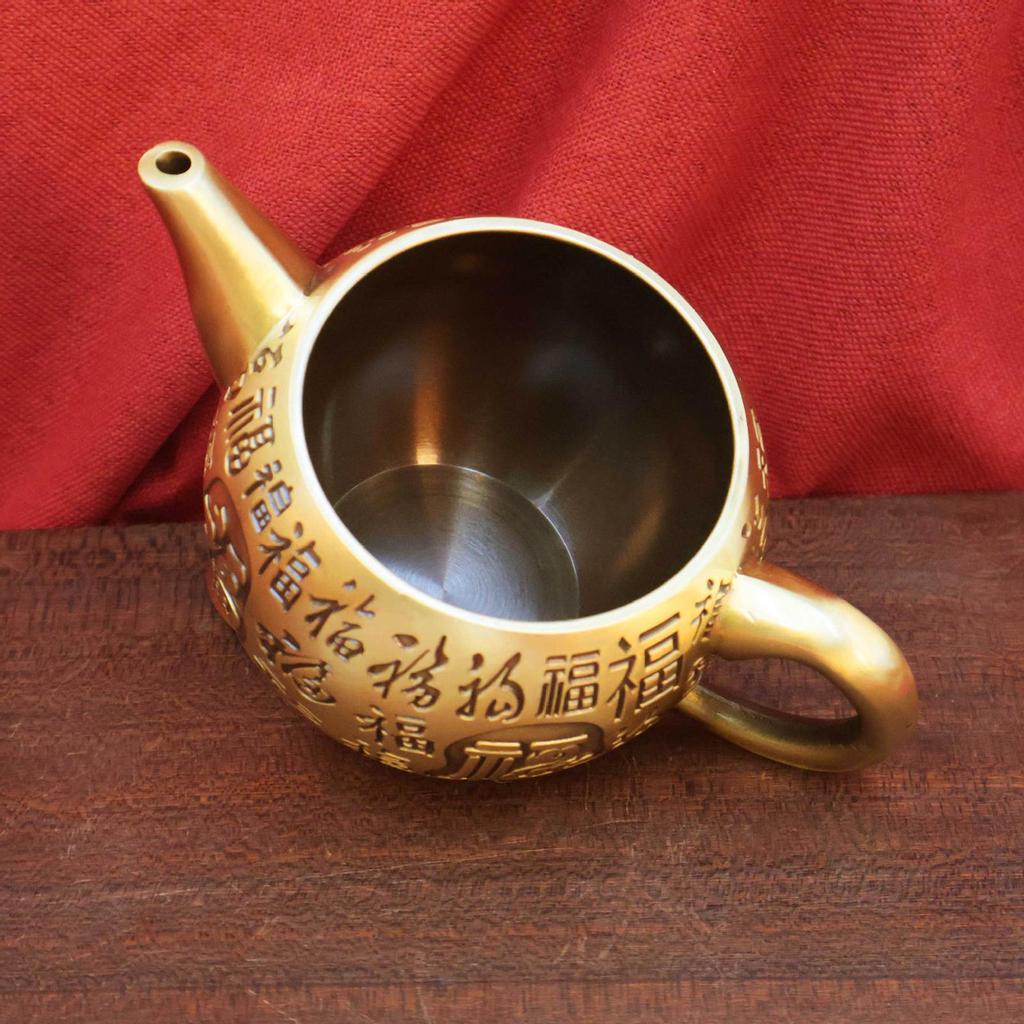 Brass Traditional Chinese Fu Characters Teapot Feng Shui Decoration Sturdy Versatile 6.3x3.9inch