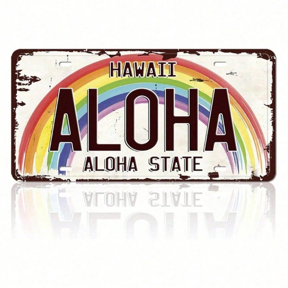 Vintage Hawaii License Plate Decor 6x12 Inch, Aloha Hawaiian Wall Art With Tropical Beachy Text, Rustic Metal Tin Plaque For Summer