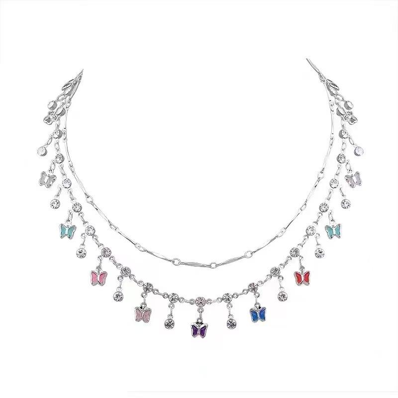 

French colored butterfly pendant, double-layer necklace, women s light luxury versatile design, romantic new accessories