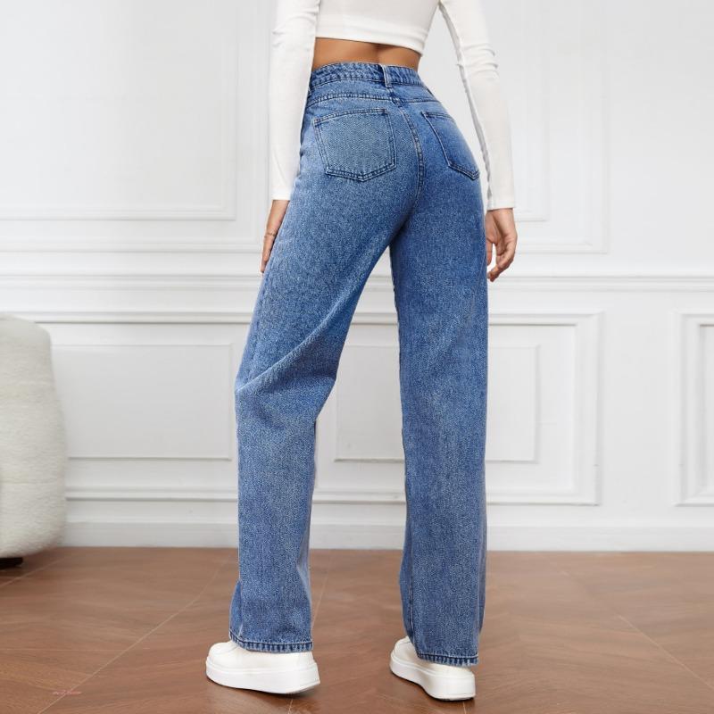 Jean pour femme taille haute délavé Long à la mode et polyvalent Pantalon à jambe droite