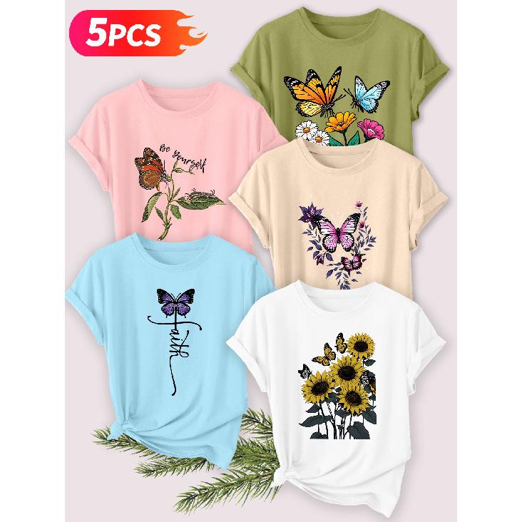 Five-piece Set Elegant Short-sleeved Shirt for Women Butterfly Sunflower Series Printed Round Neck Women's Short Sleeve Suitable for Spring and