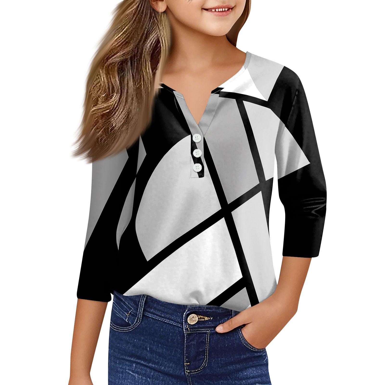 

Повседневные модные топы для девочек с принтом, футболка с семью рукавами и пуговицами 110