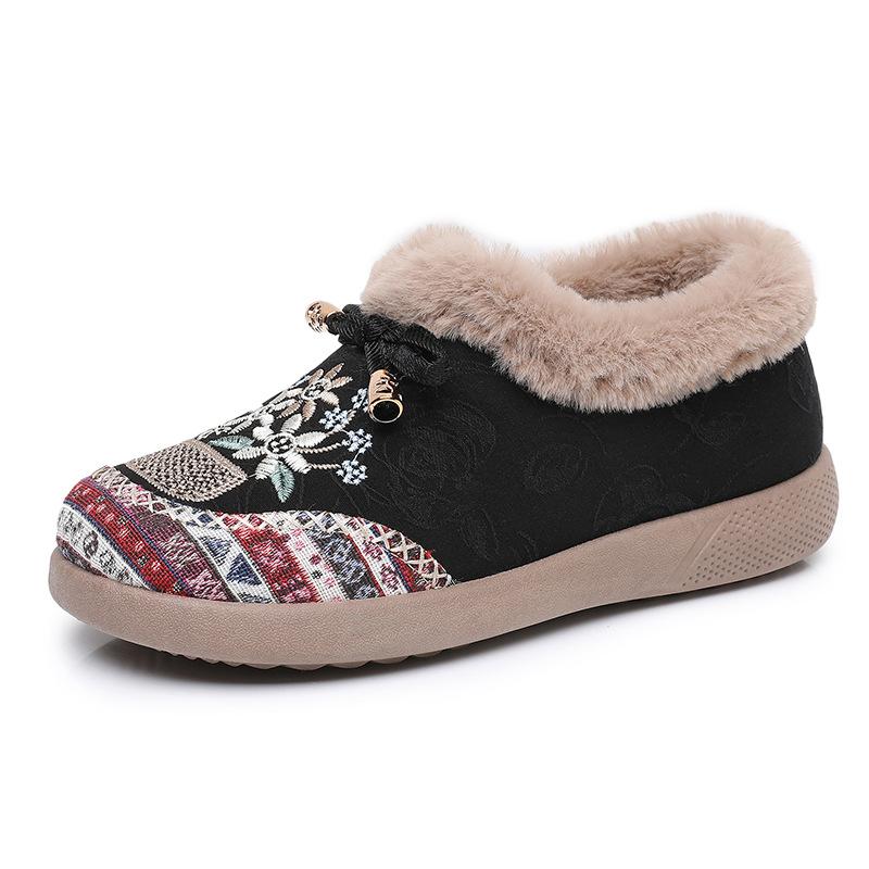 Women's Winter Fur Lined Loafers Platform Embroidered Loafers Shoes for Women Chunky Warm Plush Comfortable Non-Slip Round Toe Loafer Slippers Women