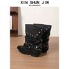 Short Boots Women'S Black Coarse Heel Belt Buckle Autumn Boots Spice Girl Rivet Pointed Knight Boots Pile Boots