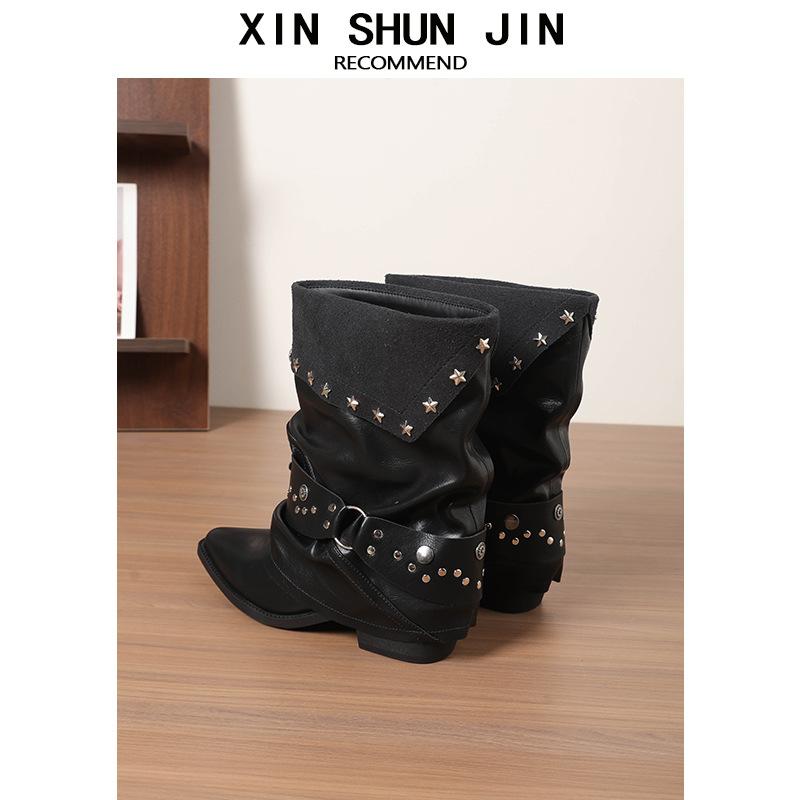 Short Boots Women'S Black Coarse Heel Belt Buckle Autumn Boots Spice Girl Rivet Pointed Knight Boots Pile Boots