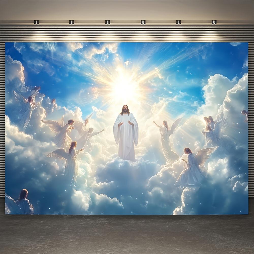 Wall Mural with Cloud and Light Background, with Jesus Christ and Angels In Heaven, for Home or Church Decoration