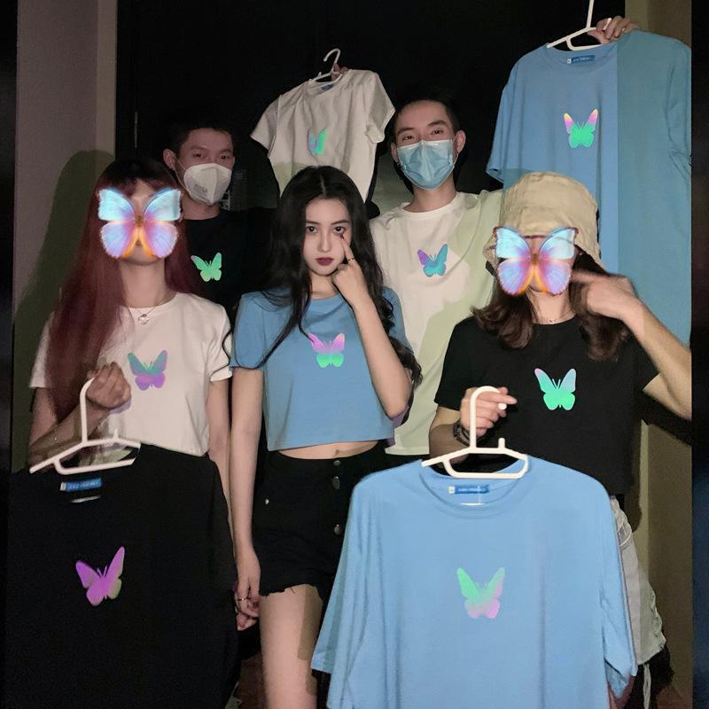 Unisex Crew Neck Short Sleeve T Shirt Oversized Reflective Butterfly Print Couple Matching Crop & Regular Length Top Summer Streetwear Student Blouse