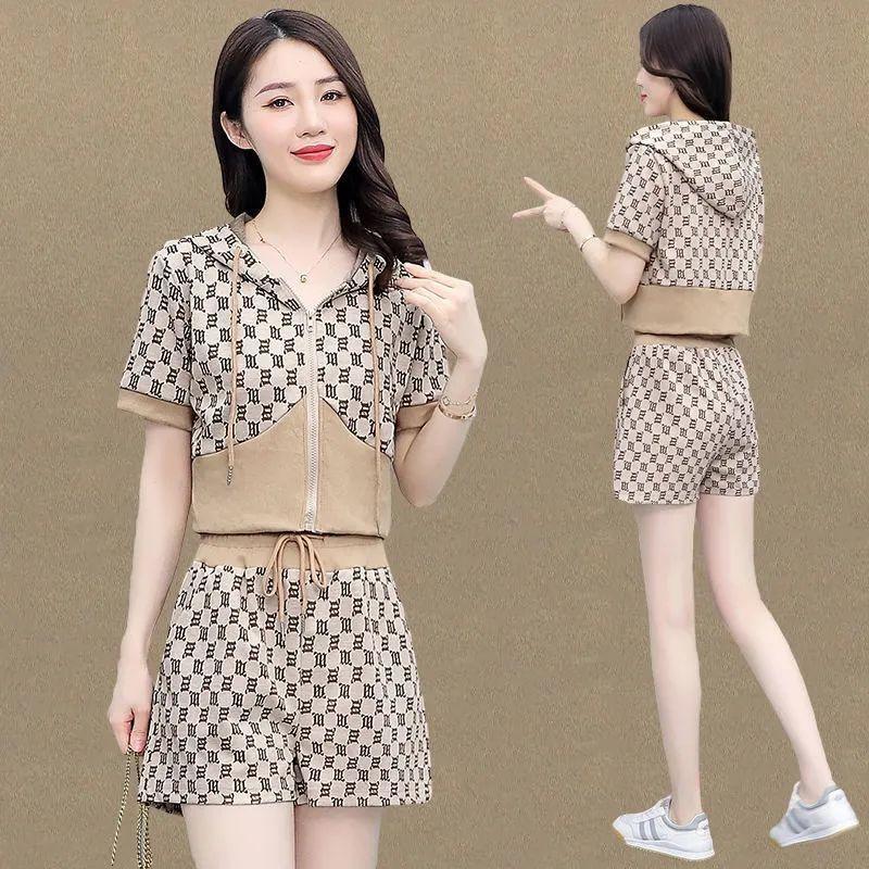Casual Suit Women's Summer Fashion Sports Sweatshirt High Waist Shorts Slimming Two-piece Set