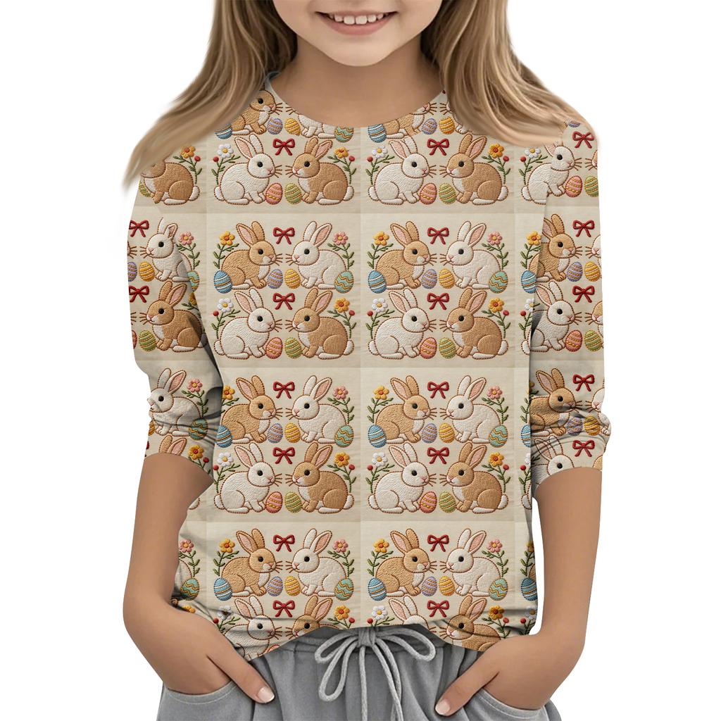 Haut décontracté pour enfants à manches sept-quarts, imprimé Pâques, col rond, imprimé