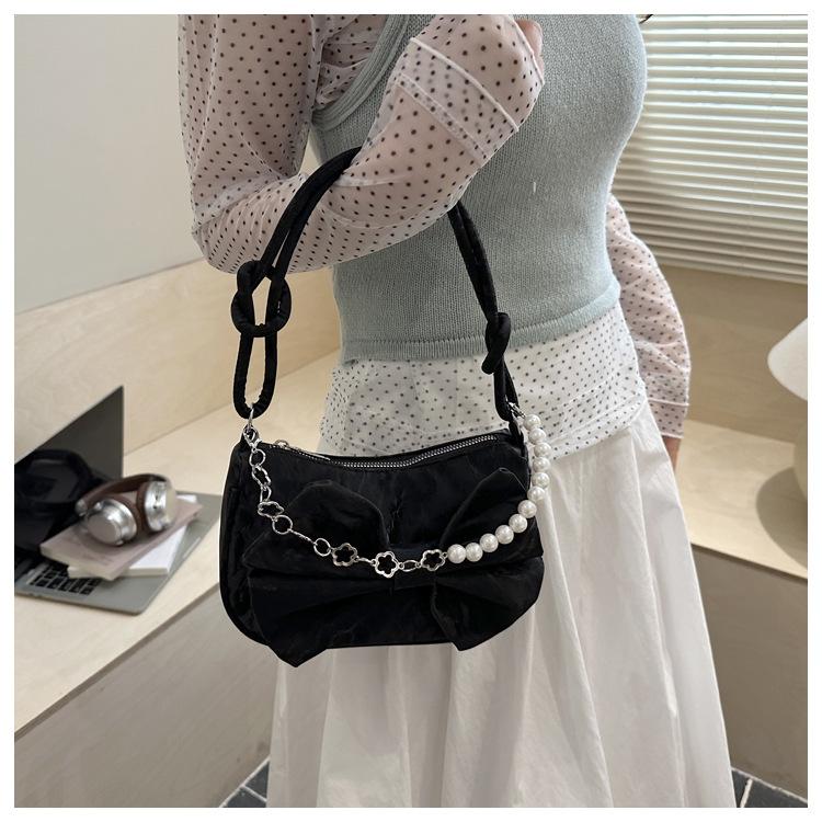 Sweet Bow Floral Women Shoulder Underarm Bags Simple Solid Color Ladies Crossbody Bag Versatile Portable Pearl Chain Handbag
