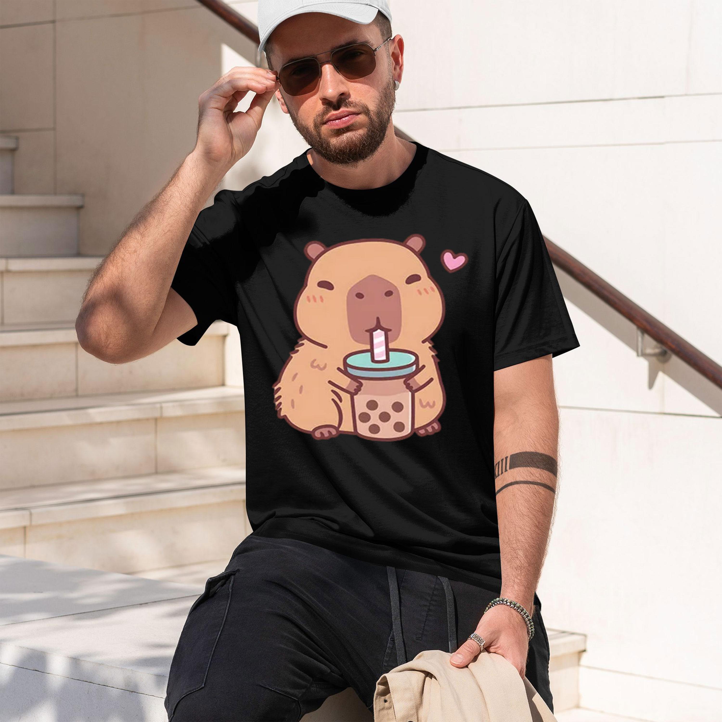 2026 New Model Capybara Loves Drinking Bubble Tea Tshirt 100 Cotton Summer Clothes Casual Unisexunisex Kawaii Tshirt Cute S Shirt S