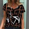 Women Print V Neck Short Sleeve Casual Loose Tunic Tops