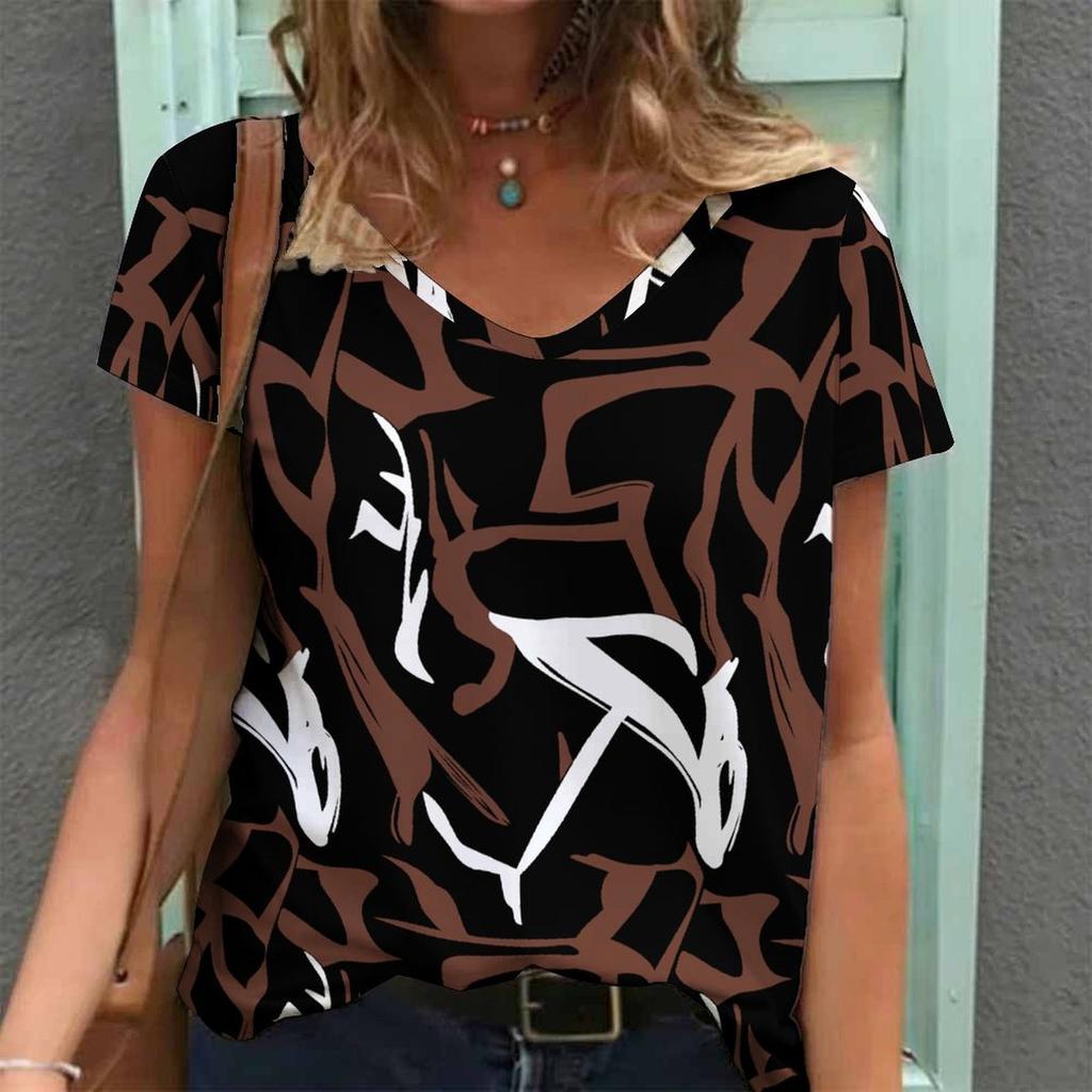 Women Print V Neck Short Sleeve Casual Loose Tunic Tops