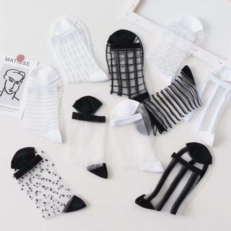 5 Paar Damen Socken Mode Durchsichtiges Netz Glasseide Socken Ultradünn Transparent Kristallspitze Fabelhaft Elastisch Sommer Knöchel
