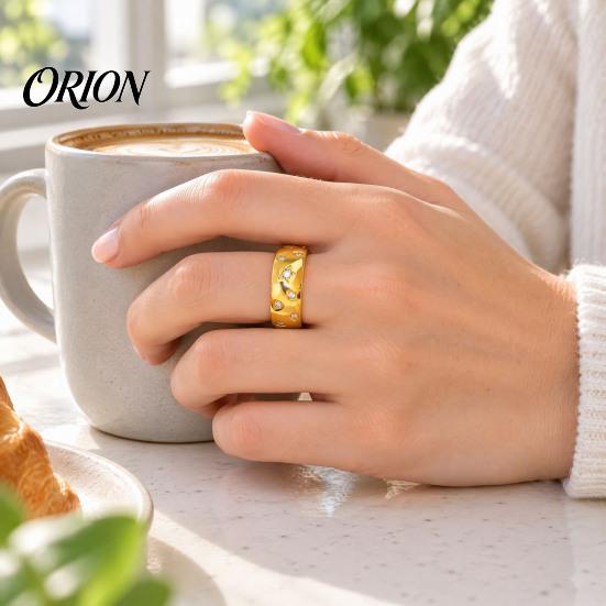 Titanium Steel Ring with Rhinestones, Star Geometric Pattern Band for Daily Wear Jewelry Men Women, Anti-Tarnish Hypoallergenic Finger Ring, Gift Him