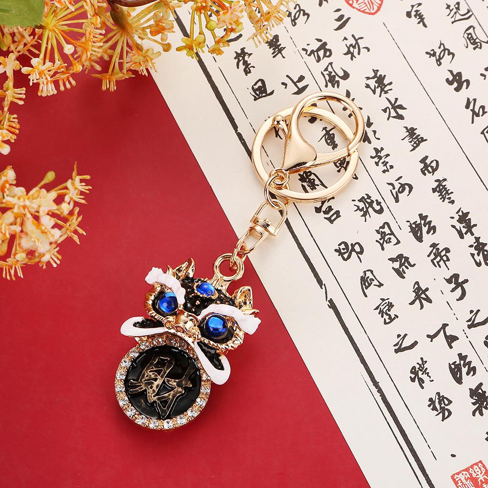 Chinese Fortune Lion Head Keychain with Rhinestones - Lion Dance Foshan Cultural Gift