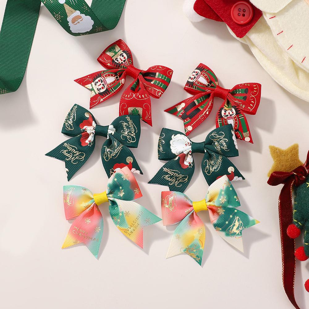 6Pcs Christmas Kids Bows Hair Clips Set for Baby Girl 2.4'' Ribbon Elk Santa Print Bowknots Hairpins Headwear Hair Accessories