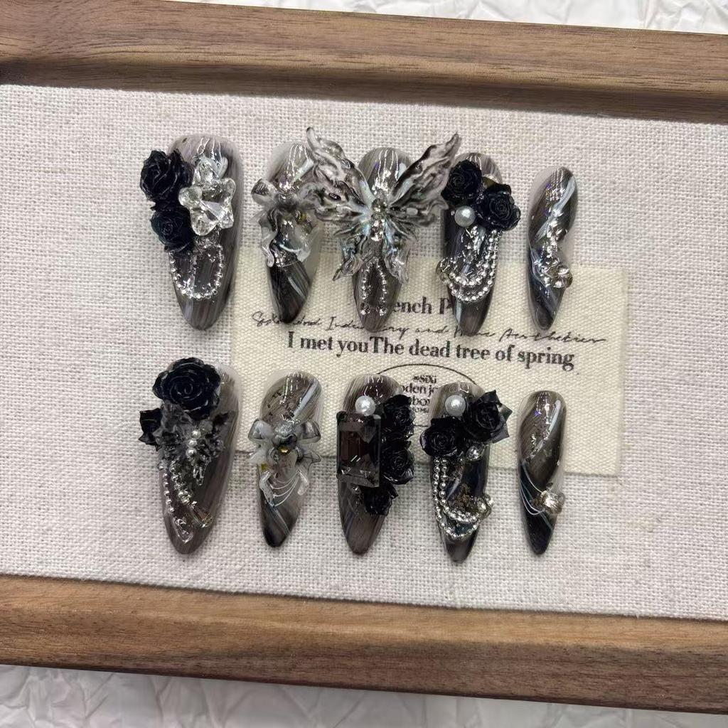 Dark Butterfly High-End Handmade Medium-Length Nails Manicure