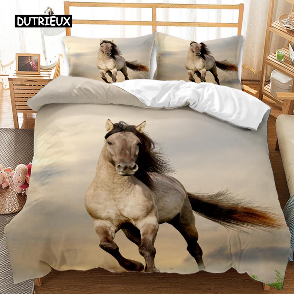 Horse Duvet Cover Set 3D Steed Print Comforter Cover Wildlife Bedding Set Animal Polyester Quilt Cover Double Queen King Size
