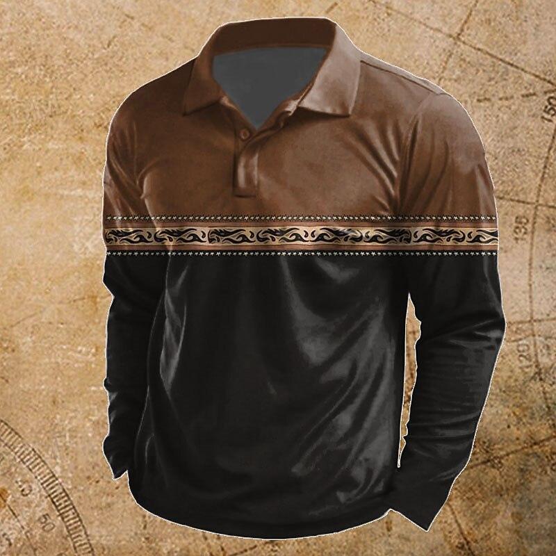 Stylish Long Sleeve Polo Shirt with Tribal Geometric Pattern