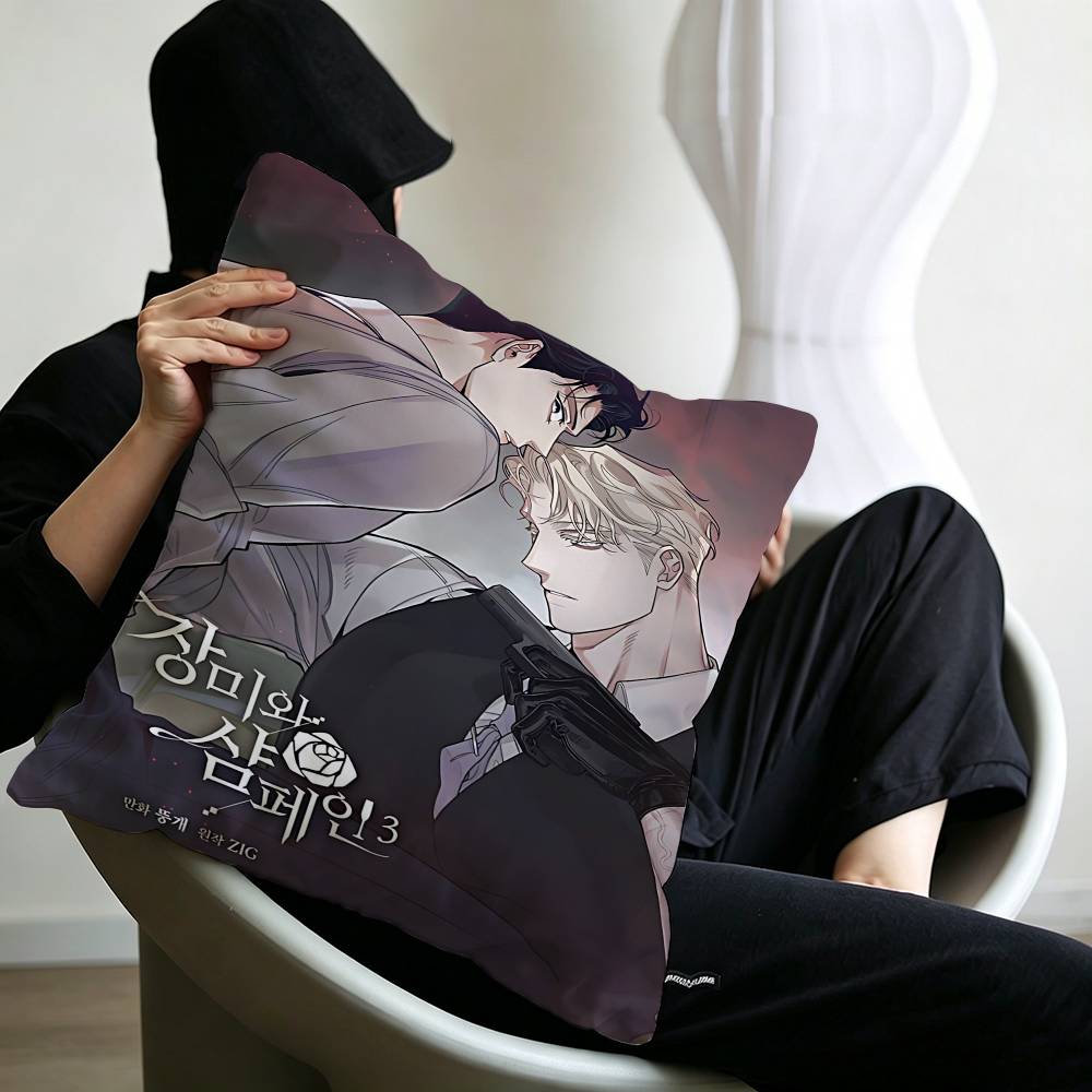 Korean Manhua Roses And Champagne Pillowcase Toon Gift Cushion Cover Bedroom Home Sofa Chair Seat Decor Pillow Case