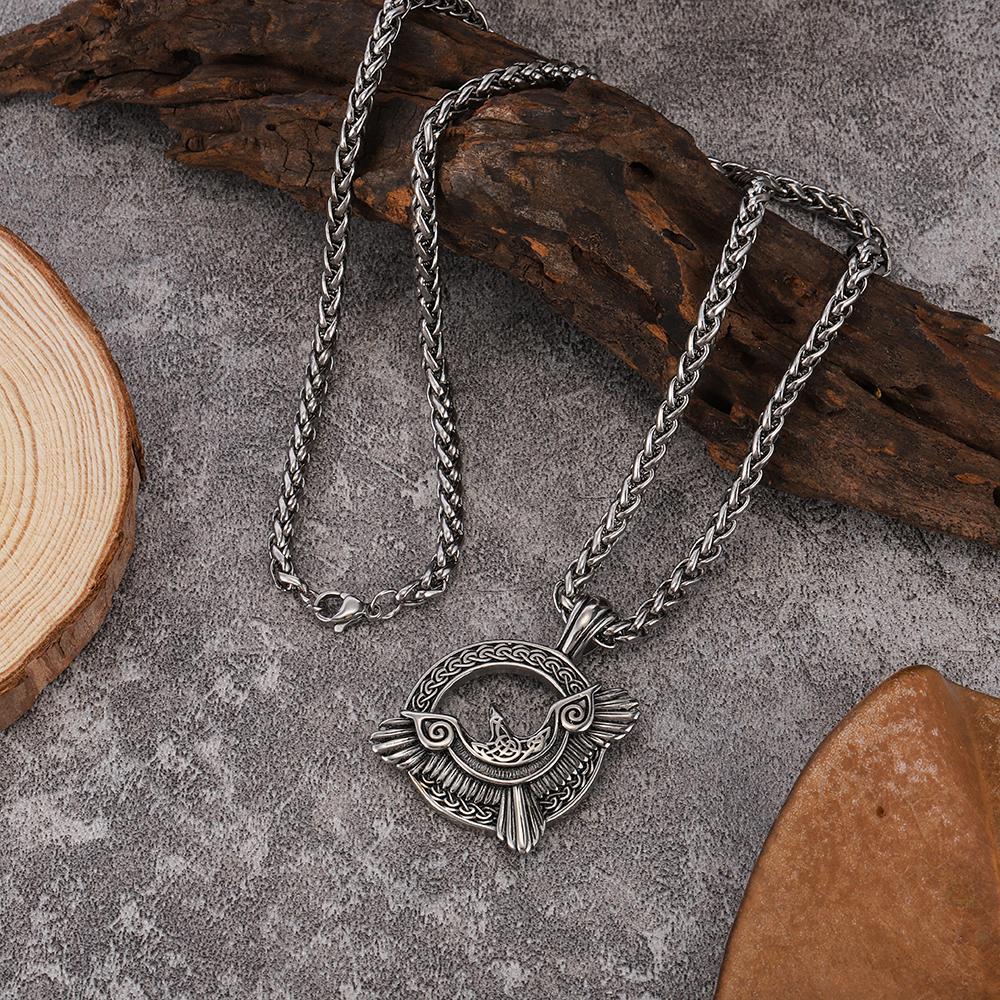 Nordic Viking Stainless Steel Engraved Raven Pendant New European & American Style Titanium Steel Men's Necklace Acces