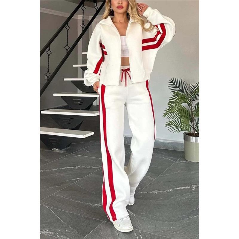 Tuta Sportiva da Donna 2 Pezzi Giacca a Zip Strisciata + Pantaloni a Gamba Larga con Coulisse Striscia Laterale a Contrasto Outfit Sportivo Casual Coordinato