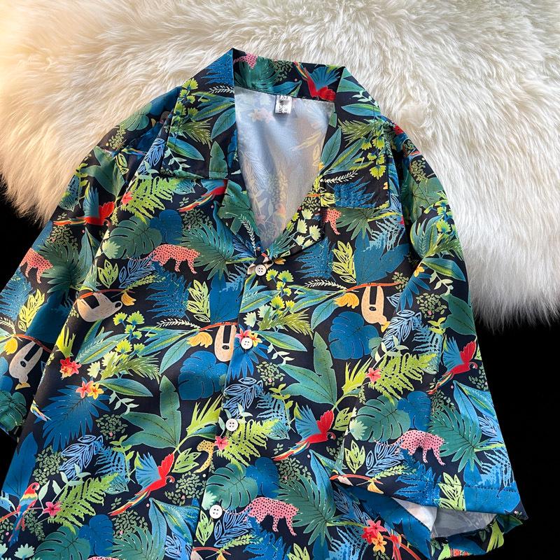 Unisex Vintage Kubakrage Blomsterskjorte - Løs passform, Hong Kong-stil, Kort erm, Perfekt for strand og par