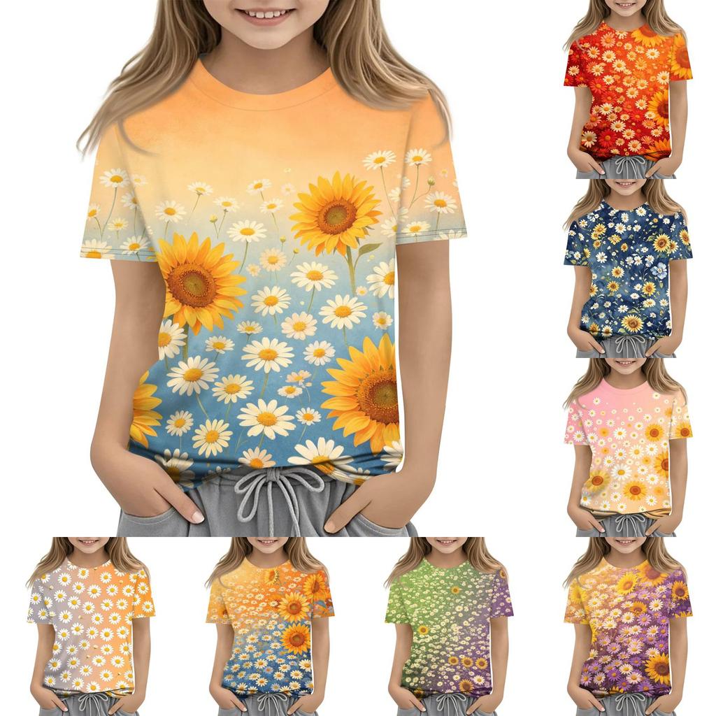 Tricou casual larg cu gât rotund și mânecă scurtă, cu imprimeu floral, pentru copii, confortabil, ușor, de vară