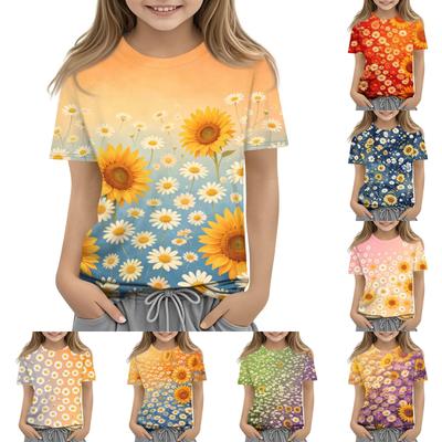 Blumenprint Crew-Neck Kurzarm Freizeit Locker geschnittenes T-Shirt Top für Kinder Bequem Leicht Sommerkleidung