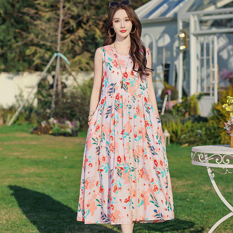 Elegant Plus Size Floral Cotton-Silk Sleeveless Summer Dress