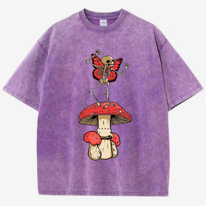 Dancing Mushroom Skeleton Fairy Print Washed TShirt Women Summer Casual T Shirts Cotton Streetwear Loose Clothes S